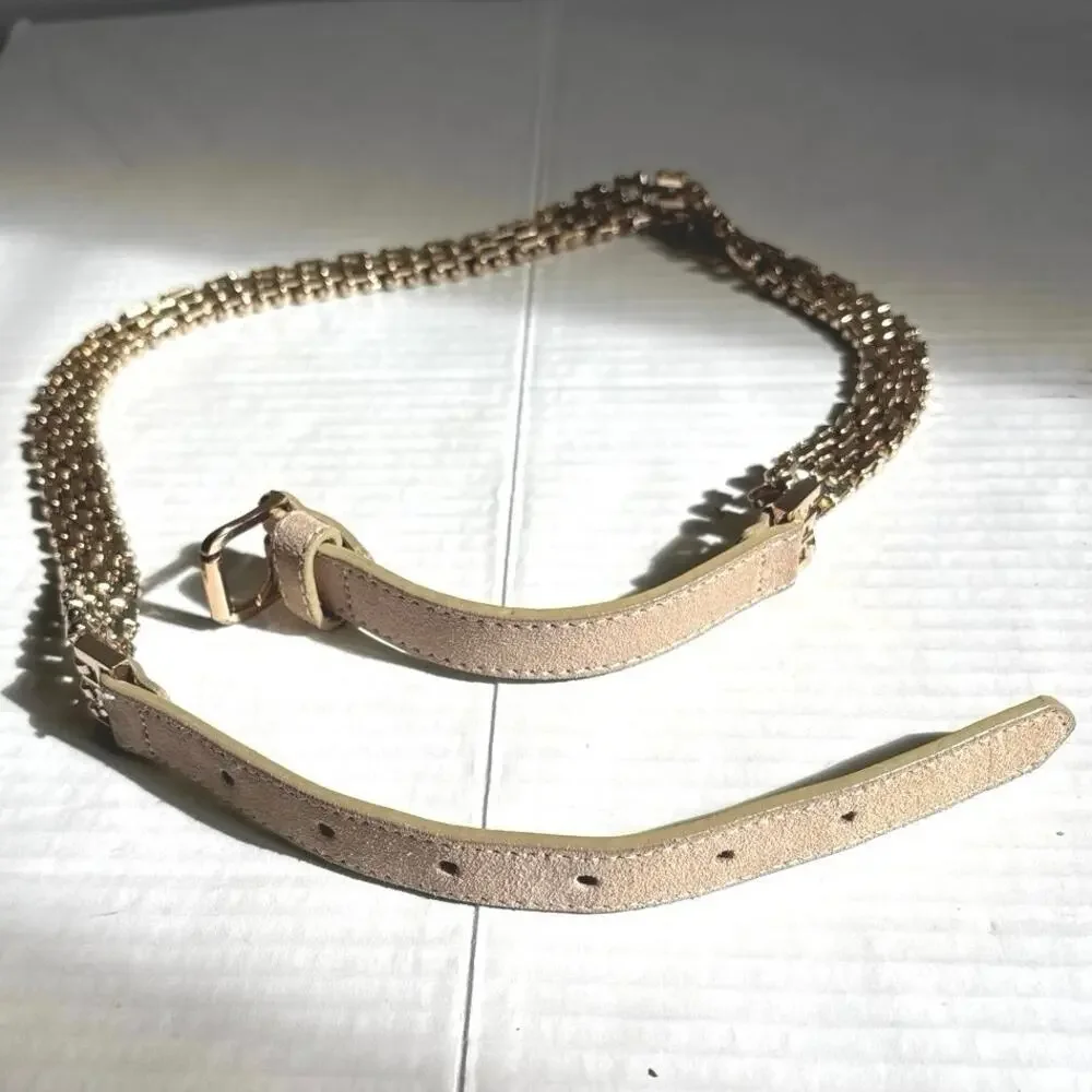 BCBGMaxAzria- Woman's Beige Leather-Trimmed Gold Chain-Link Belt Size Small
